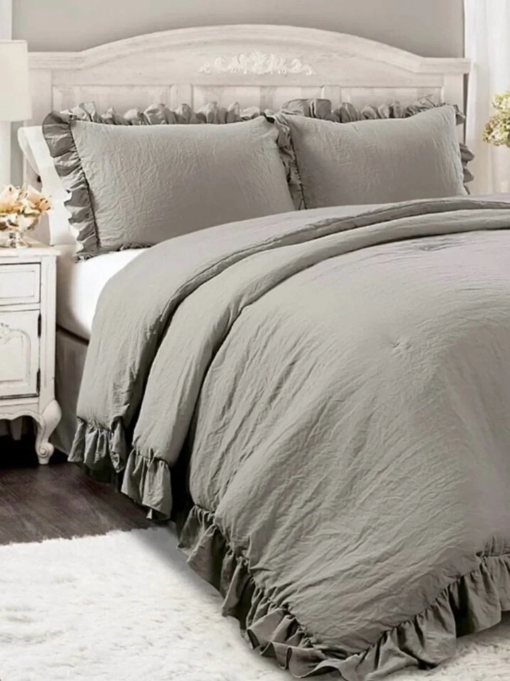 NWT Ruffle Duvet Cover Set King 3 PCs 100% Washed Cotton Gray Solid Bedding